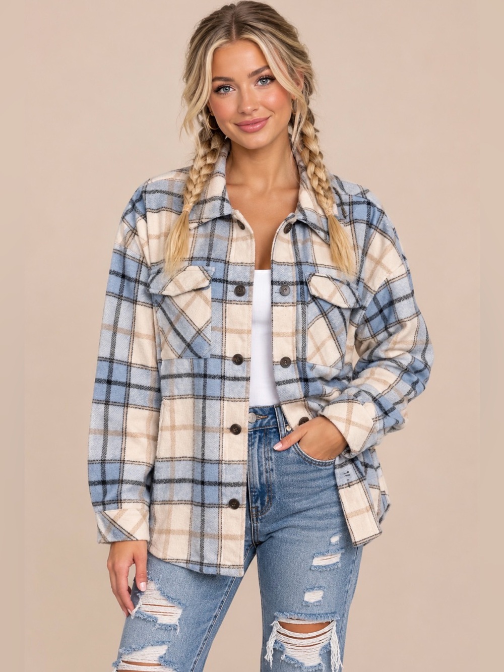 Ci Sono Outerwear Collection Plaid Flannel Shacket In Baby Blue - NWT - Size XL